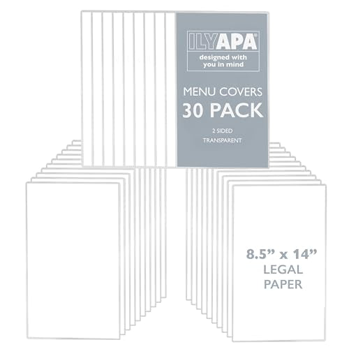 Ilyapa Restaurant Menu Covers 8.5 x 14 Inch - 30 Pack, Single Page, 2 View Clear Menu Holder Sleeves for Restaurant, Durable PVC Hard Plastic Sheet - color: Clear, size: 8.5 x 14