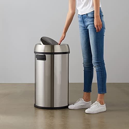 Amazon Basics Round Stainless Steel Trash Can with Swing Lid, Fingerprint and Smudge Resistant, 65 Litre/17.2 Gallon, Silver, Black