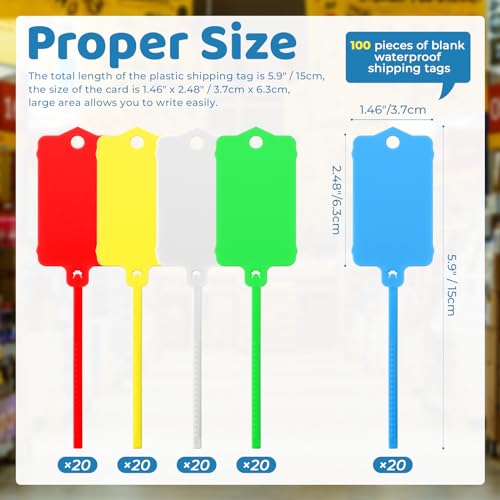 LeonBach 100 Pcs 1.46“ x 2.48” Plastic Shipping Tags, Multicolored - color: Blue Green White Red Yellow