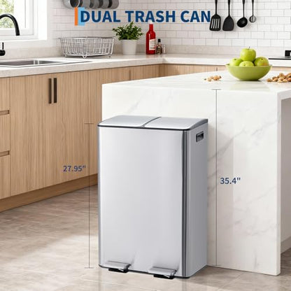 Garvee 16 Gal Dual Compartments Kitchen Trash Can, Stainless Steel, Silver - color: Silver, size: 30L+30L
