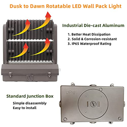 Rotatable LED Wall Pack Light with Dusk to Dawn Photocell, 120W 16800LM 600-800W HPS/HID Equiv., 5000K Daylight ETL Commercial Outdoor Security Lighting for Warehouse, Entrance, Parking, Garage - size: 120W