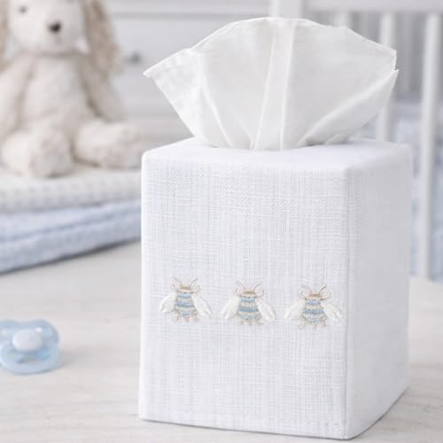 Jacaranda Living Square Tissue Box Cover, Linen/Cotton Fabric Tissue Holder, Decorative Cloth Tissue Cube Cover, Embroidered Bee Designs, Three Napoleon Bees (Duck Egg Blue) - color: Three Napoleon Bees (Duck Egg Blue)
