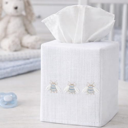 Jacaranda Living Square Tissue Box Cover, Linen/Cotton Fabric Tissue Holder, Decorative Cloth Tissue Cube Cover, Embroidered Bee Designs, Three Napoleon Bees (Duck Egg Blue) - color: Three Napoleon Bees (Duck Egg Blue)