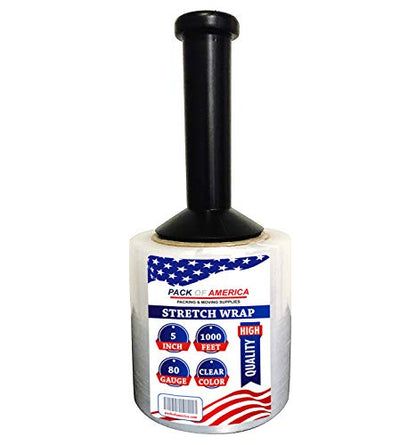 Pack of America Mini Stretch Film - 2 Rolls with Handle, 5” x 1000 Feet, 80 Gauge (20 Micron) Industrial Heavy Duty Plastic Shrink Wrap and Dispenser for Packing, Shipping, Pallet, Moving Supplies