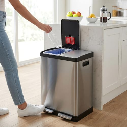 iTouchless 16 Gallon Dual Step Trash Can/Recycle Bin with 2 Odor Filters - color: Matte Silver, Steel Lid, 16 Gal