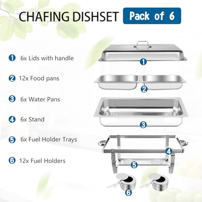 Chafing Dish for Buffet, 6 Pack 9QT Stainless Steel Chafing Servers - size: 6 Pack Silver