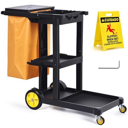 Matthew Commercial Traditional Cleaning Janitorial 3-Shelf Cart,500 Lbs Heavy Duty Capacity Housekeeping Cart,51"L x 21"W x 39"H,Wheeled with 25 Gallon Zippered Yellow Vinyl Bag and Cover w lid,Black