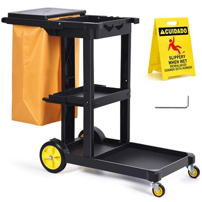 Matthew Commercial Traditional Cleaning Janitorial 3-Shelf Cart,500 Lbs Heavy Duty Capacity Housekeeping Cart,51"L x 21"W x 39"H,Wheeled with 25 Gallon Zippered Yellow Vinyl Bag and Cover w lid,Black