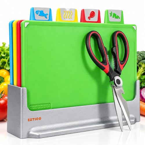 Cutting Board Set 12"L x 9"W: 4-Piece Color-Coded, Non-Slip, BPA-Free, Perfect kitchen essentials for new home, Dishwasher Safe with Premium Scissors & Chopping Board Organizer, Quality kitchen stuff. - color: Blue, Yellow, Red, Green