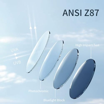 Safety Glasses Photochromic ANSI Z87.1Anti blue light UV Protection For Men Women - color: Matte Black