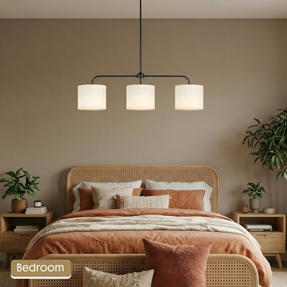 3-Light Black Linear Chandelier with Linen Beige Drum Shades, Modern Pendant Light Fixture for Kitchen Island, Dining Room, Living Room, Bedroom, E26 Base Compatible - color: 3 Light-Black