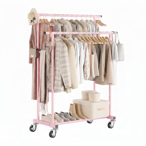 Calmootey Rolling Garment Rack, Sturdy Clothes Organizer for Bedroom - color: Pink, style: Double Rods