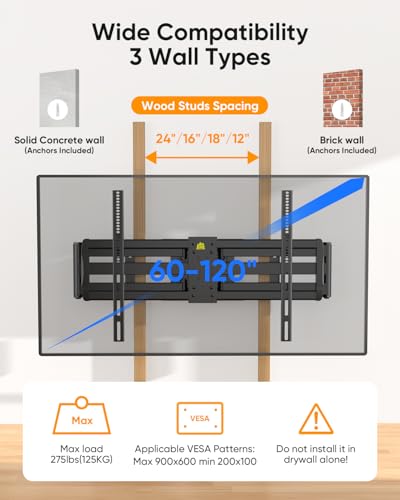 FORGING MOUNT Heavy Duty XXL Full Motion TV Wall Mount for 55-120 inch Extra Large TVs 98" 100",Holds 275 lbs, Max VESA 900x600, 42.9" Extension Long Arm TV Mount Swivel,Tilt,Preassembled,16-24” Studs - size: Fits 55-120" TVs / Max 900x600mm Full Motion