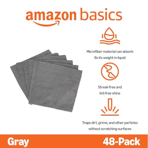 Amazon Basics Microfiber Cleaning Cloths, Ultra Absorbent, Lint Free, Streak Free, Non-Abrasive, Reusable and Washable, 12" x 12", Grey, 48 Pack - style: 48-Pack