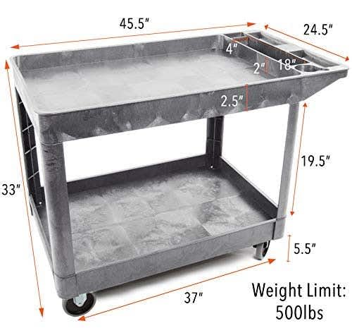 Tubstr Extra Large Two-Shelf Utility Cart with Wheels | 500 lb. Capacity Rolling Utility & Tool Cart for Warehouses, Industrial Settings, Auto Garages, & More (Gray, 45.5 x 24.5) - color: Gray
