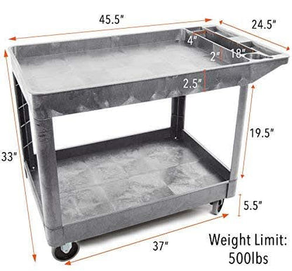 Tubstr Extra Large Two-Shelf Utility Cart with Wheels | 500 lb. Capacity Rolling Utility & Tool Cart for Warehouses, Industrial Settings, Auto Garages, & More (Gray, 45.5 x 24.5) - color: Gray