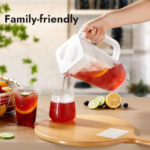 CURTA 2 Pack Plastic Pitcher with Lid, 2L Heavy-Duty Shatterproof Pitchers Clear Water Pitcher with Handle for Lemonade, Coffee,Iced Tea, Milk, Juice, Beverages - color: White & Brown