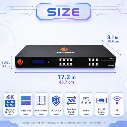 J-Tech Digital 4k 2x2 4K60Hz HDMI Video Wall Controller Multiviewer Seamless Switch Matrix | 4K60Hz Input and 4K30Hz Output, Supports HDMI, HDCP, RS-232, LAN, Downscale & Upscale, Web Control