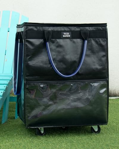 Large Black Reusable Grocery Bag on Wheels, Folding Rolling Tote - color: Black, size: Large
