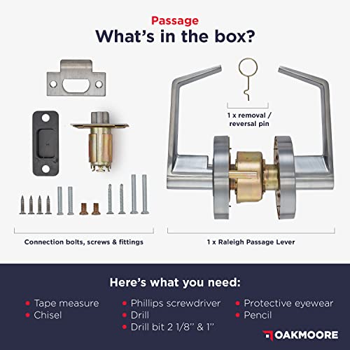 OAKMOORE Heavy Duty Commercial Door Handle | Passage Function | Grade 2 | No Lock/Key | for Meeting Rooms & Kitchens | Nickel Finish | C UL & ADA | ANSI A156.2 - size: Passage (Always Open)