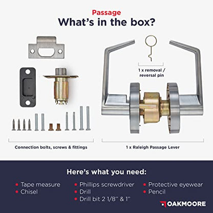 OAKMOORE Heavy Duty Commercial Door Handle | Passage Function | Grade 2 | No Lock/Key | for Meeting Rooms & Kitchens | Nickel Finish | C UL & ADA | ANSI A156.2 - size: Passage (Always Open)