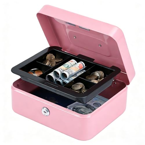 Kyodoled Medium Cash Box with Money Tray,Small Safe Lock Box with Key, Drawer,7.87"x 6.30"x 3.54" Pink - color: Pink-1PACK, size: Medium