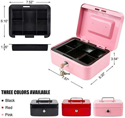 xydled Medium Cash Box with Lock, Metal Money Box, Steel Money Box, Pink - color: Pink, size: Medium