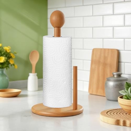 Bamboo and Wood Wooden Tissue Rack countertop, Kitchen and Dining Bathroom Vertical Round Ball Double Column Tissue Rack, Large Plate Stable Round Base, Suitable for Standard and Large tissues