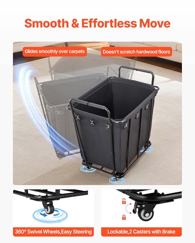 VEVOR Laundry Cart, Rolling Grocery Utility Cart with Waterproof Liner & Swivel Wheels, 260 LBS Large Load Capacity, Heavy Duty Shopping Basket for Laundry, Shopping, Camping, Grocery, Luggage, Black - size: 26.2"D x 36.4"W x 37.2"H