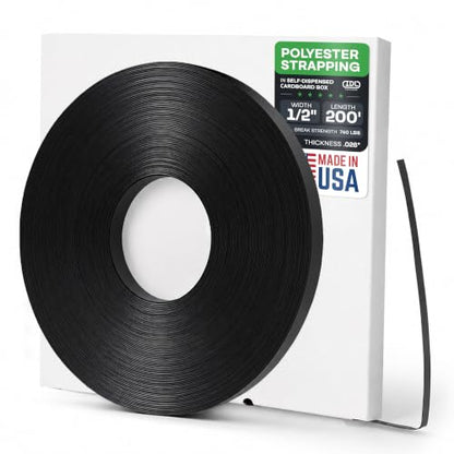 IDL Packaging 1/2" x .028" x 200' Mini Polyester (PET) Strapping Coil, 760 lbs Breaking Strength, Black - UV, Water and Rust Resistance - Flexible and Strong Packaging Banding - size: 1/2W" x 200L' (760 lbs BS)