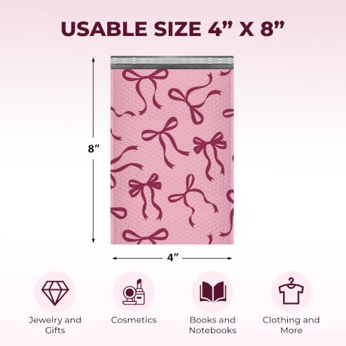 Pink Bow Bubble Mailers 4x8, Designer Padded Envelopes #000, 500 Pack Bulk - color: Pink Bow, size: 4"x8" / 500 Pack