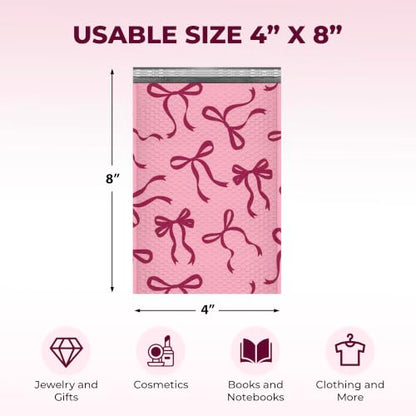 Pink Bow Bubble Mailers 4x8, Designer Padded Envelopes #000, 500 Pack Bulk - color: Pink Bow, size: 4"x8" / 500 Pack
