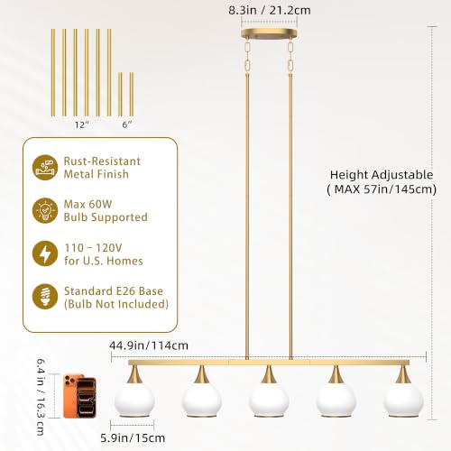 Phaosio Brushed Gold Kitchen Island Linear Pendant Light, 5-Light - color: Gold (White Glass Shades), size: 5-Light