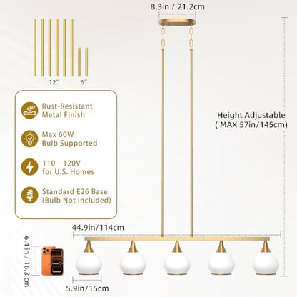 Phaosio Brushed Gold Kitchen Island Linear Pendant Light, 5-Light - color: Gold (White Glass Shades), size: 5-Light