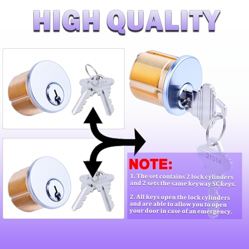 2Pcs Brass Mortise Door Cylinder Locks Keyed Alike with 4 SC Keyway Keys - size: 1 1/4 inch