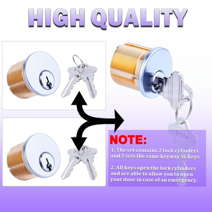2Pcs Brass Mortise Door Cylinder Locks Keyed Alike with 4 SC Keyway Keys - size: 1 1/4 inch