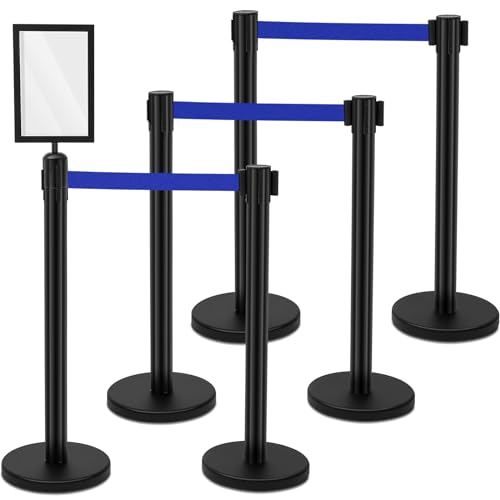 Therwen 6 Pack 9.8 ft Heavy Duty Crowd Control Stanchions Stainless Steel Stanchion Set with 6 Safety Barrier Post with Retractable Blue Belt and 1 Sign Holder Crowd Control Barrier