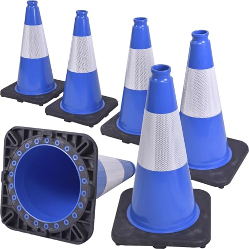 6 Pack 18" Inch Blue PVC Traffic Cones with Heavy-Duty Base, High-Visibility All-Weather Safety Cones for Road Construction, Parking Lot, and Garage Use (6, Blue, 18" Medium) - color: Blue, size: 18" Medium