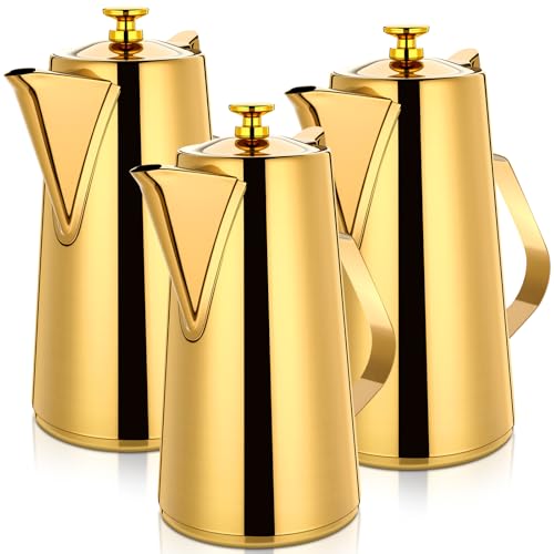 Honeydak 3 Pcs Stainless Steel Pitcher 2 L/ 67 oz Stainless Steel Kettle with Lid Metal Cold Water Pitcher Large Capacity Tea Kettle Jug Beverage Dispenser with Handle for Home Restaurant Office(Gold)