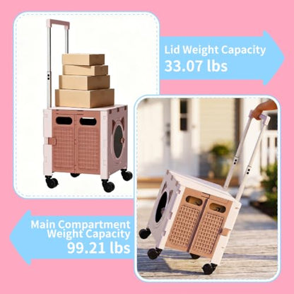 Foldable Shopping Cart with Wheels: Cat-Style Rolling Utility Crate - color: Khaki