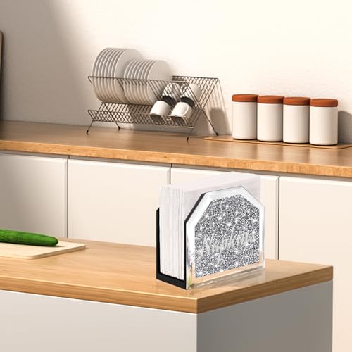 Wocred Mirror Napkin Holder,Crystal Crushed Diamond Vertical Holder,Cute Tissue Holder Holds Napkins Upright for Bathroom，Dining Table，Kitchen Table.(5.9”X5.9”X3”) - size: 6x3x5.9 inch