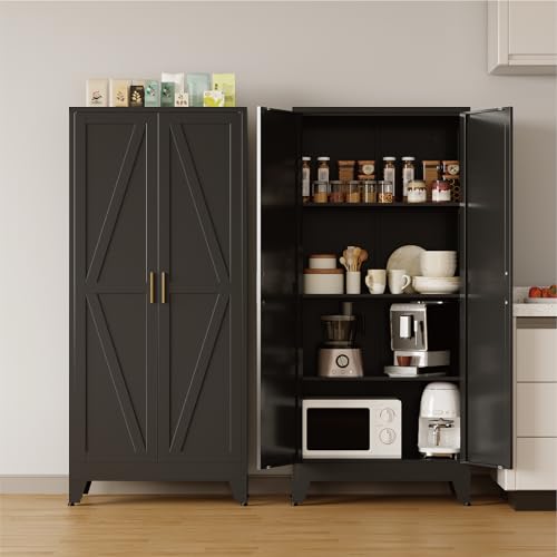 COFaR Metal Pantry Cabinet with Doors, Farmhouse 61'' Tall Storage Cabinet with 3 Adjustable Shelves, Kitchen Pantry Cabinet for Dinning Room, Garage, Laundry, Bathroom, Black 4-Tier - color: Black, size: 13.78''D ×27.56''W × 61.02''H-L06