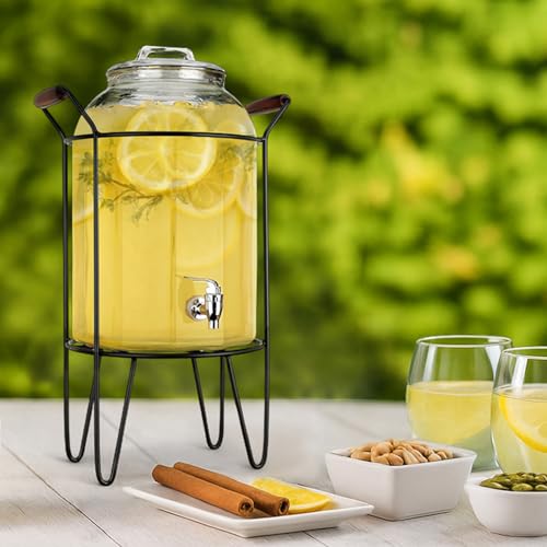 3 Gallon Glass Ice Cold Beverage Dispenser - With Glass Lid and Handle Drink Dispenser With Metal Stand, 100% Leak Proof Spigot- Wide Mouth Easy Filling For Outdoor, Parties & Daily Use - color: Clear Stand-3 Gallon