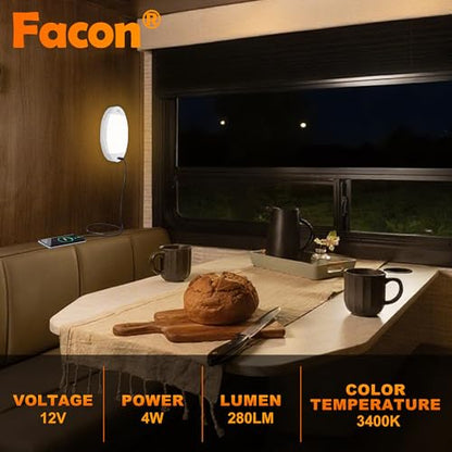 Facon 12V RV Interior Lights with Fast USB Charger (5V/2.4A) – Oval Pancake LED Ceiling Light Fixture with Switch, 12Volt Lighting for RV, Camper, Boat, Tiny Homes - size: Switch with USB Charger Socket, 1 Pack