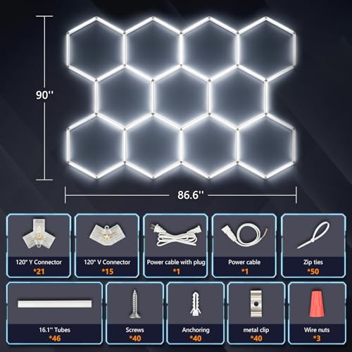 Bevenus Hexagon LED Garage Light, 322W 6500K Super Bright Honeycomb Ceiling Light, Easy Install DIY Hex Light for Workshop Warehouse Gym Auto Detailing Commercial Exhibition Hall (11 Grids) - size: 11 Grids