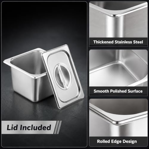 6 Pack Stainless Steel Hotel Pans with Lids, 1/6 Size 4 Inch Deep Steam Table Food Pans for Catering, Buffet and Food Prep - color: 1/6, size: 4inch