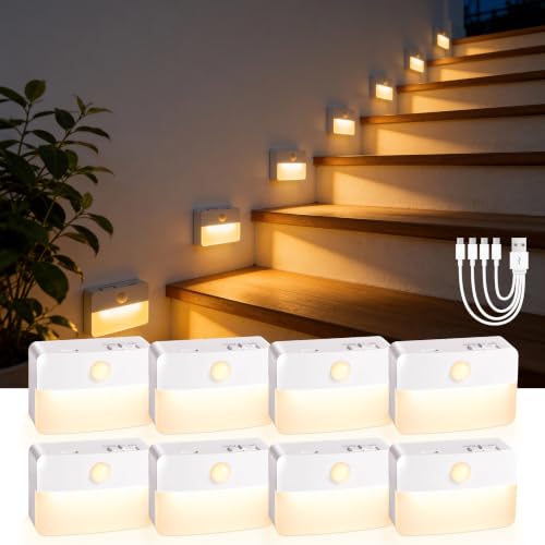 8 Pack Rechargeable Stair Lights for Indoor, Motion Sensor Night Lights - color: White - Rechargeable, size: 8 Pack