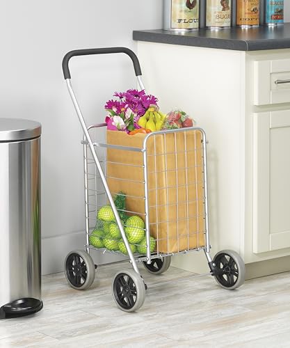Whitmor Utility Shopping Cart - Durable Folding Design for Easy Storage, Model Number: 6250-4997-2-SIOCA - size: 13.25"W x 11"L x 34.25"H, Gray