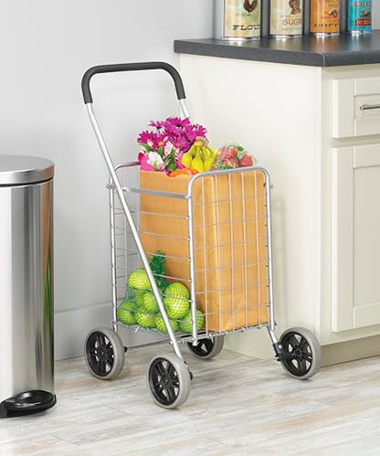 Whitmor Utility Shopping Cart - Durable Folding Design for Easy Storage, Model Number: 6250-4997-2-SIOCA - size: 13.25"W x 11"L x 34.25"H, Gray