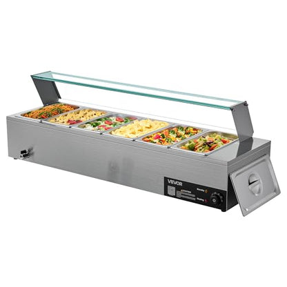 VEVOR Commercial Food Warmer, 1500W Electric Stainless Steel Steam Food Warmer with Glass Cover, 6 x 1/3 Size Pans Buffet Bain Marie with Soup & Perforated Ladles, for Catering, Restaurant & Party - size: 6x1/3Pan